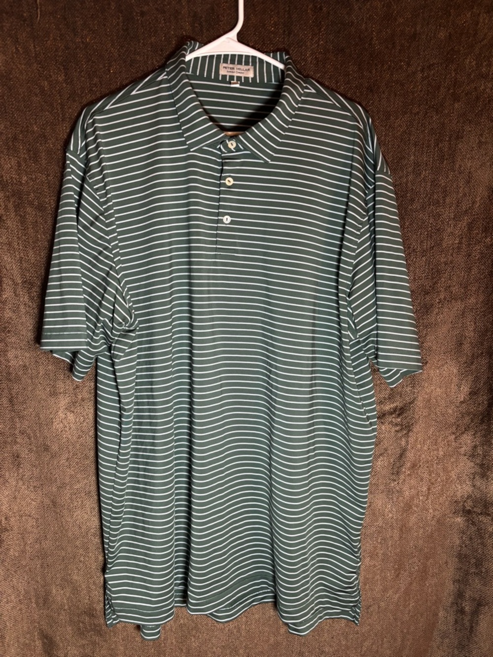 Peter Millar Dark Green and White Striped Performance Polo